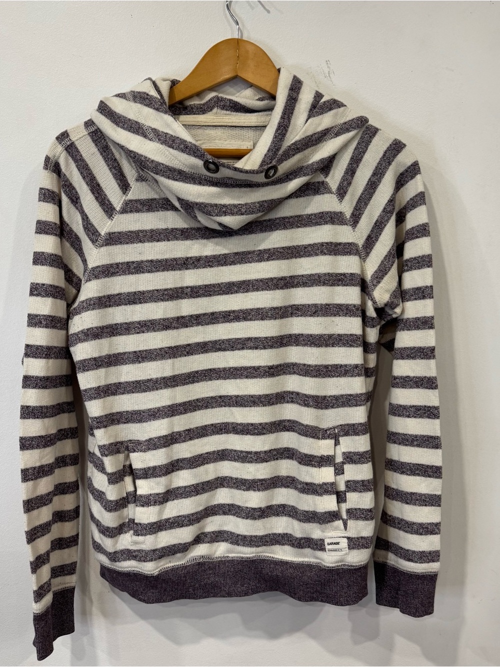 Garage Striped Cowl Neck Hoodie Sweater Womens Cream Gray Pullover Pockets